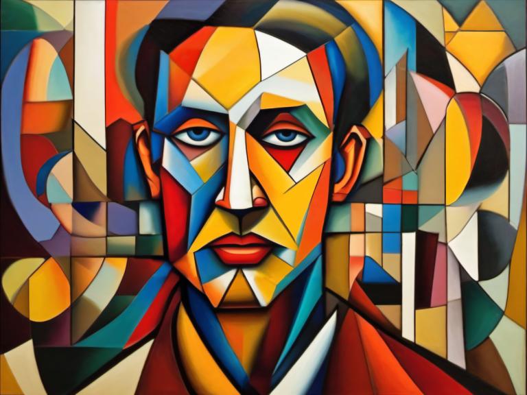 Cubism,Cubism, People, man, solo, 1boy, male focus, blue eyes, looking at viewer, clown, facial hair, makeup