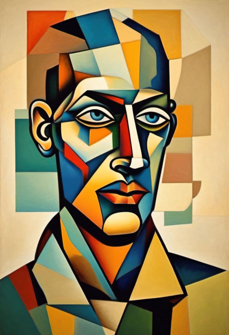 Cubism,Cubism, People, man, solo, male focus, 1boy, blue eyes, clown, multicolored clothes, official style