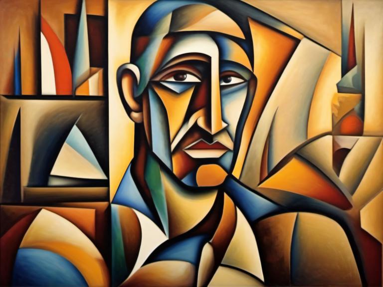 Cubism,Cubism, People, man, 1boy, male focus, solo, facial hair, looking at viewer, multicolored clothes