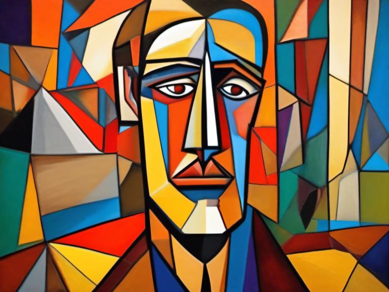 Cubism,Cubism, People, man, 1boy, solo, red eyes, male focus, looking at viewer, robot, mecha, portrait