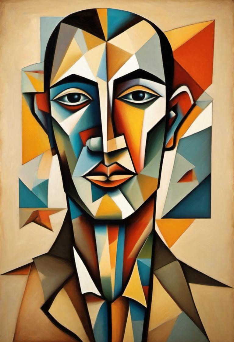 Cubism,Cubism, People, man, solo, 1boy, male focus, looking at viewer, facial hair, necktie, clown