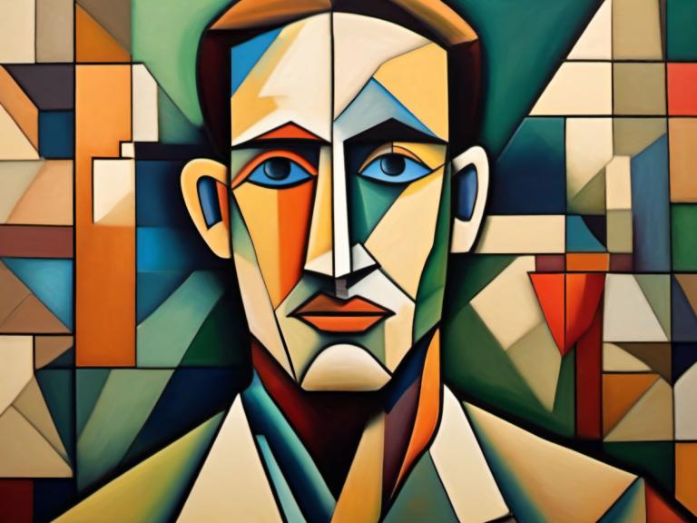 Cubism,Cubism, People, man, 1boy, solo, male focus, looking at viewer, blue eyes, robot, official style