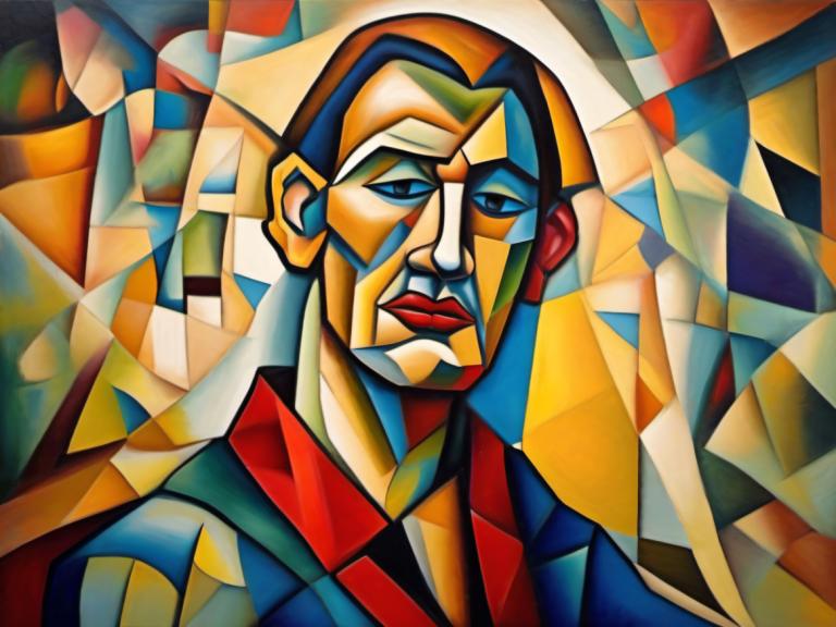 Cubism,Cubism, People, man, solo, 1boy, male focus, clown, looking at viewer, blue eyes, uniform, makeup