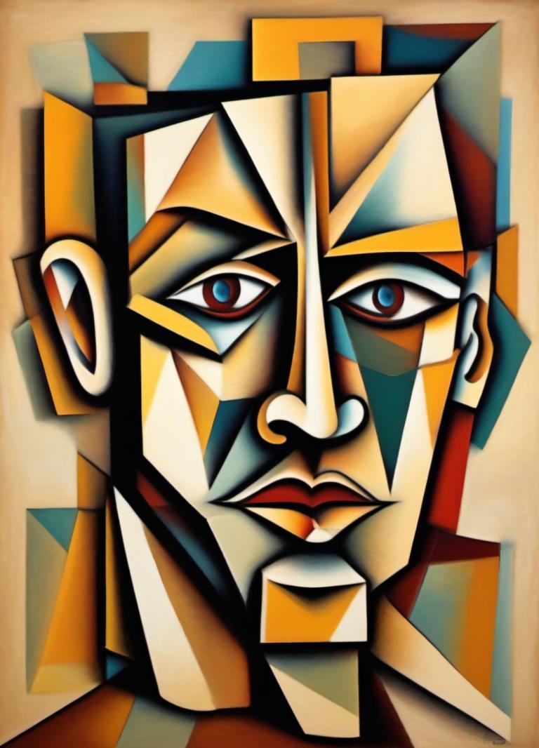 Cubism,Cubism, People, man, 1boy, male focus, solo, facial hair, blue eyes, looking at viewer, parody