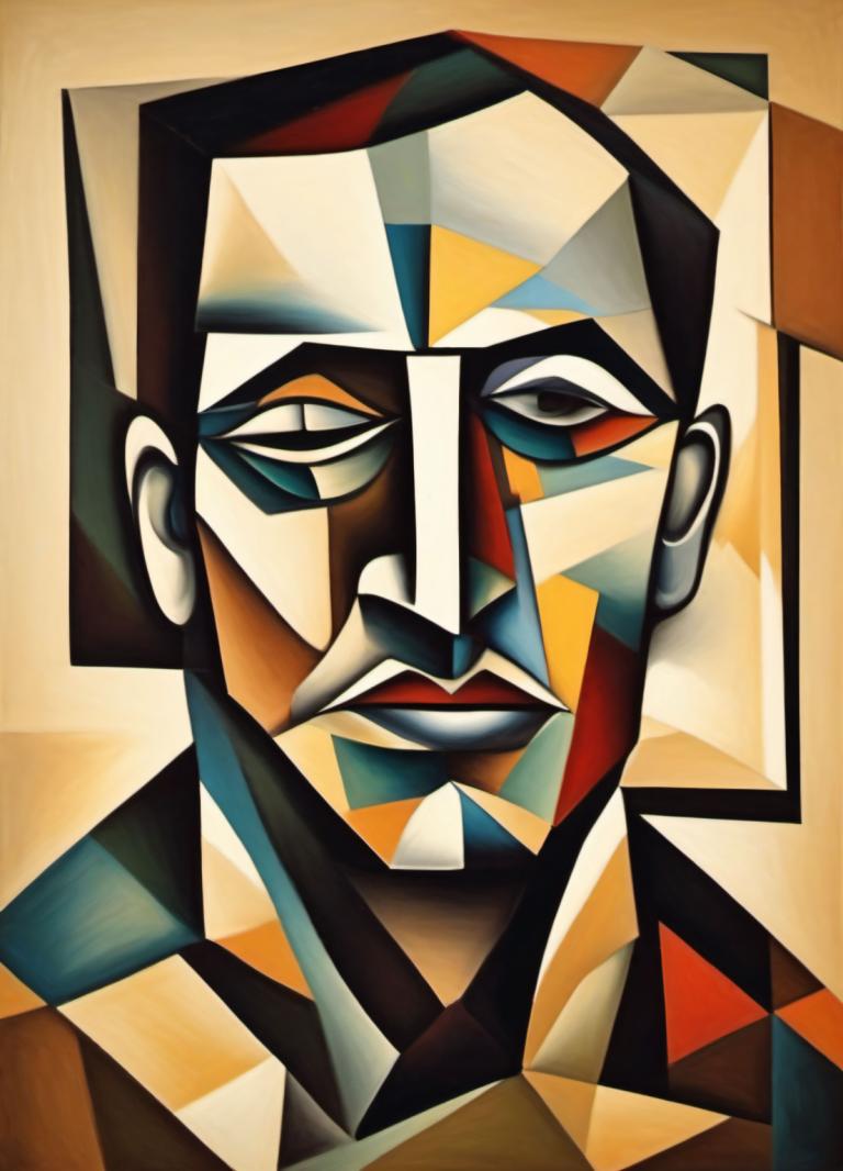 Cubism,Cubism, People, man, solo, 1boy, male focus, facial hair, mustache, looking at viewer, black eyes