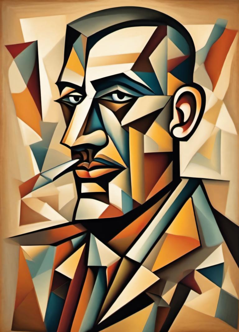 Cubism,Cubism, People, man, solo, 1boy, facial hair, male focus, mustache, looking at viewer, beard