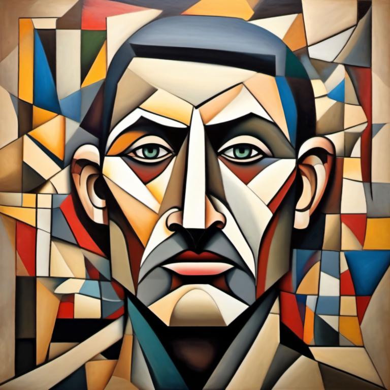 Cubism,Cubism, People, man, 1boy, male focus, solo, looking at viewer, facial hair, green eyes, portrait