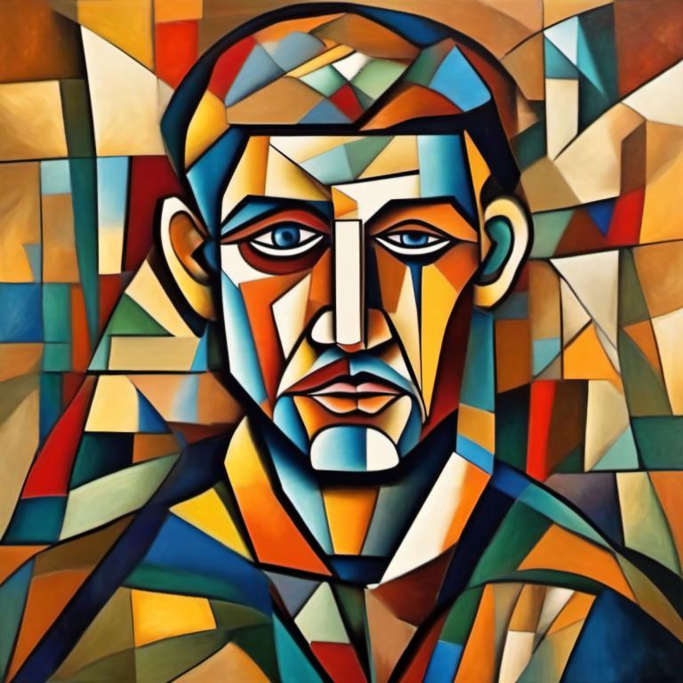 Cubism,Cubism, People, man, male focus, solo, 1boy, multicolored clothes, blue eyes, looking at viewer