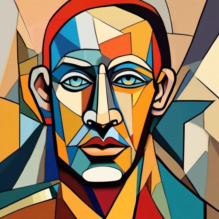 Cubism,Cubism, People, man, solo, 1boy, facial hair, male focus, looking at viewer, mustache, blue eyes