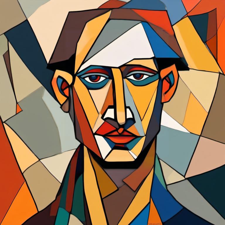 Cubism,Cubism, People, man, solo, 1boy, male focus, looking at viewer, clown, red eyes, portrait, no humans