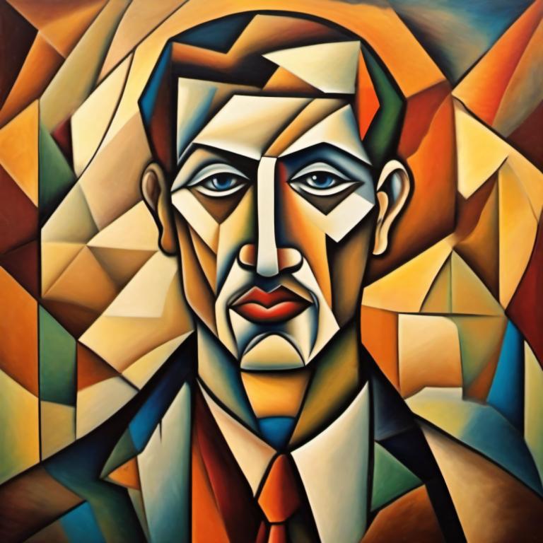 Cubism,Cubism, People, man, necktie, solo, 1boy, male focus, red necktie, blue eyes, looking at viewer