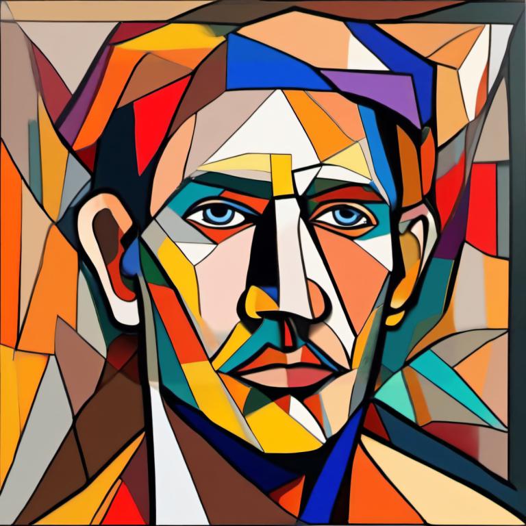 Cubism,Cubism, People, man, 1boy, solo, male focus, blue eyes, facial hair, portrait, looking at viewer