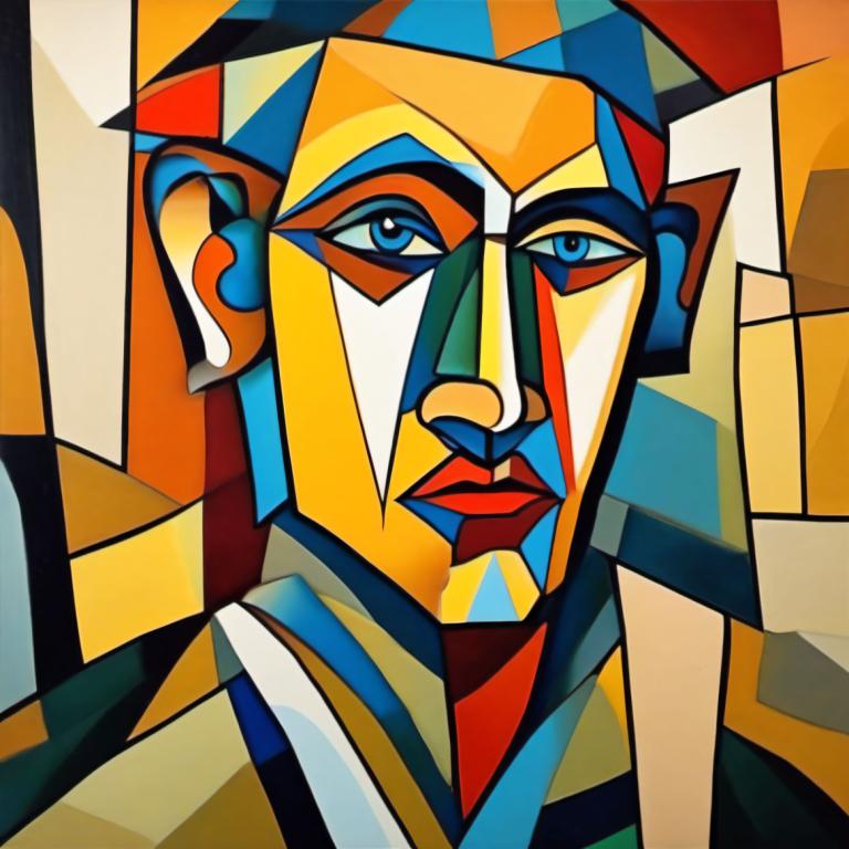 Cubism,Cubism, People, man, mecha, robot, blue eyes, solo, no humans, looking at viewer, 1boy, portrait