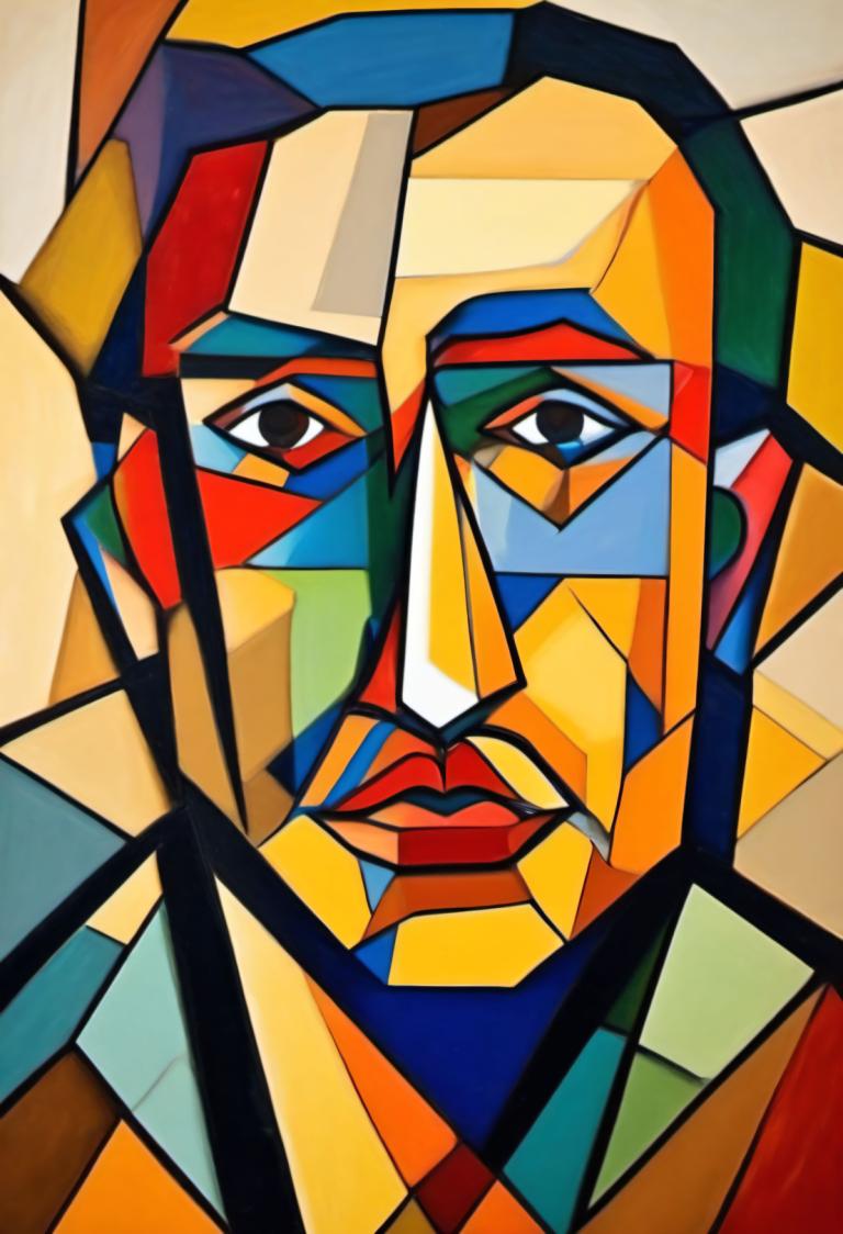 Cubism,Cubism, People, man, mecha, robot, no humans, super robot, looking at viewer, black eyes