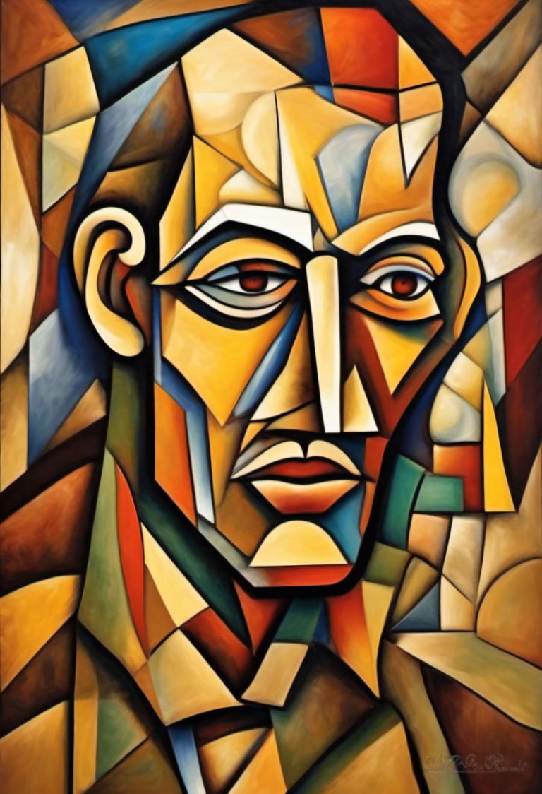 Cubism,Cubism, People, man, solo, 1boy, mecha, male focus, robot, red eyes, no humans, traditional media