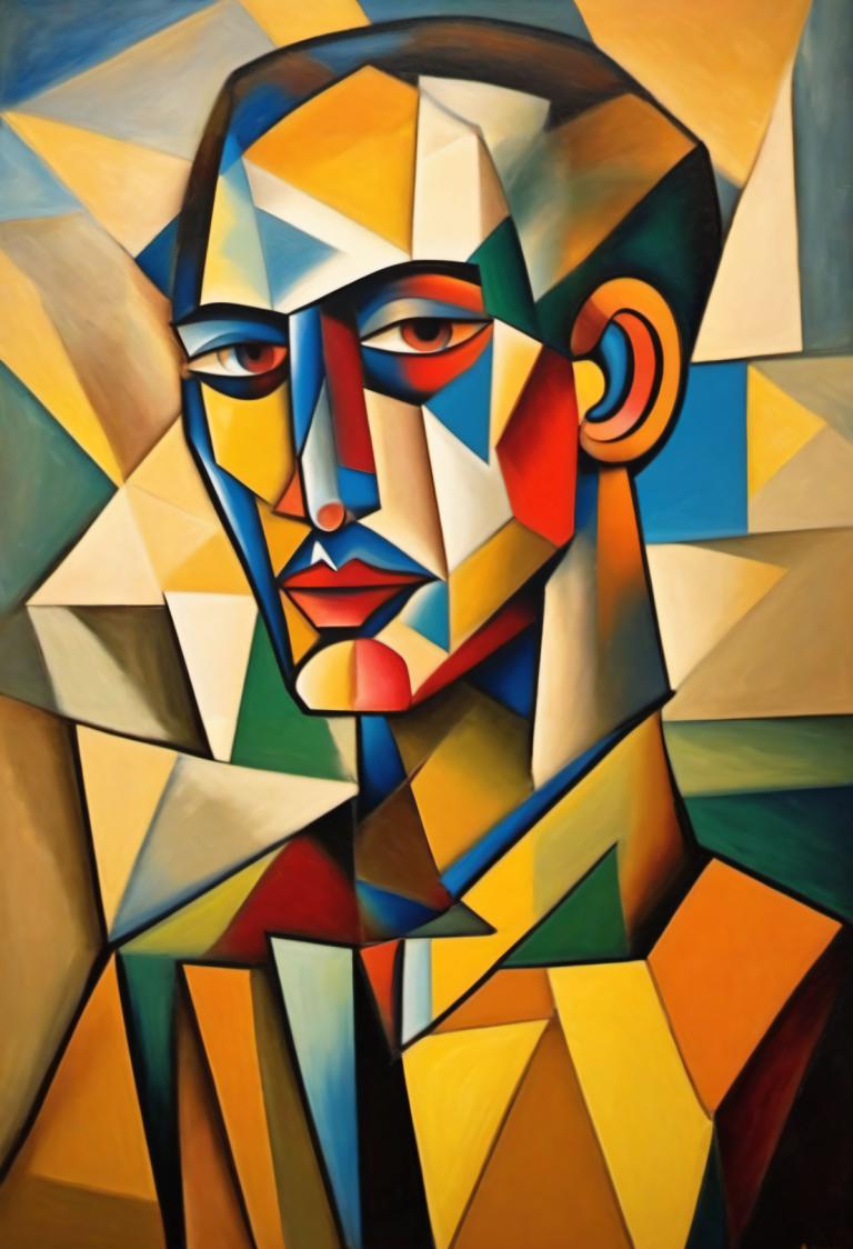 Cubism,Cubism, People, man, solo, 1boy, male focus, clown, looking at viewer, facepaint, upper body