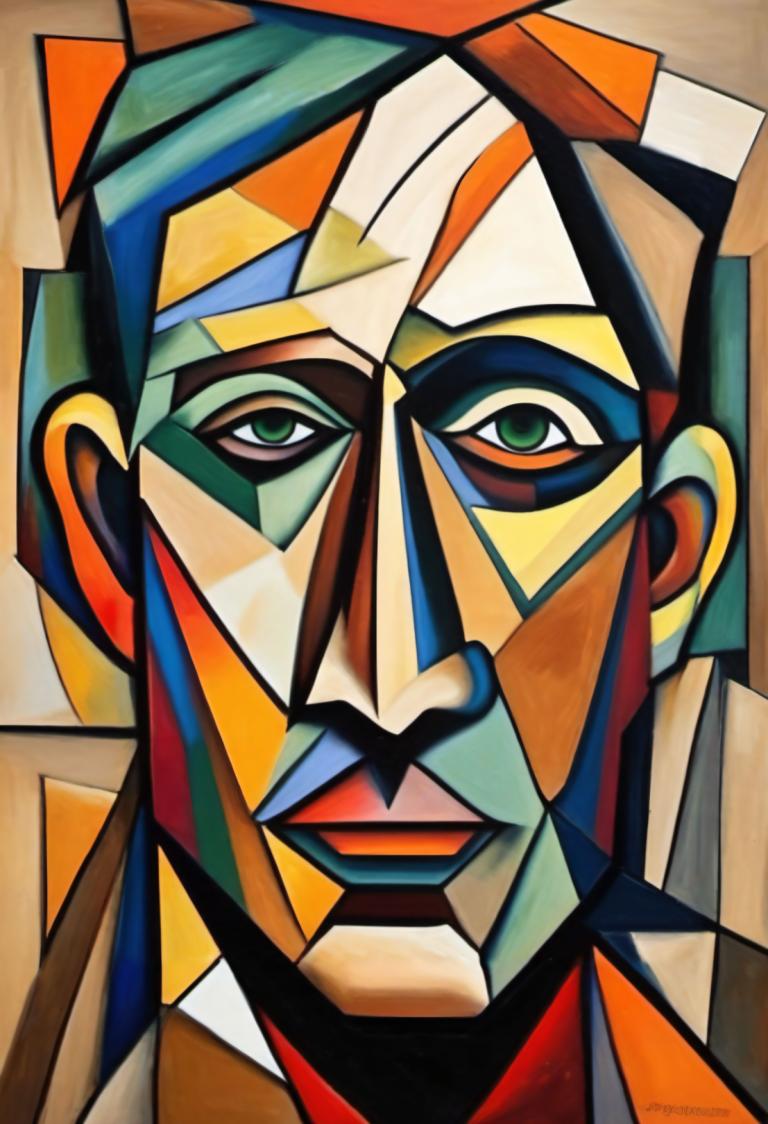 Cubism,Cubism, People, man, green eyes, solo, 1boy, looking at viewer, male focus, portrait