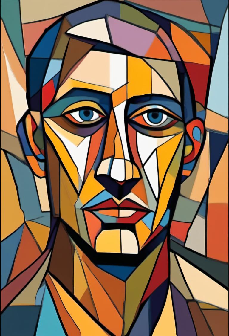 Cubism,Cubism, People, man, robot, mecha, solo, blue eyes, no humans, looking at viewer, 1boy, portrait