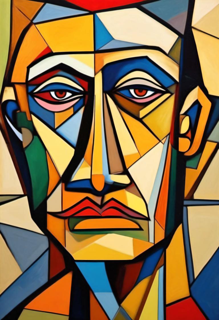 Cubism,Cubism, People, man, red eyes, mecha, no humans, robot, looking at viewer, solo, 1boy, male focus