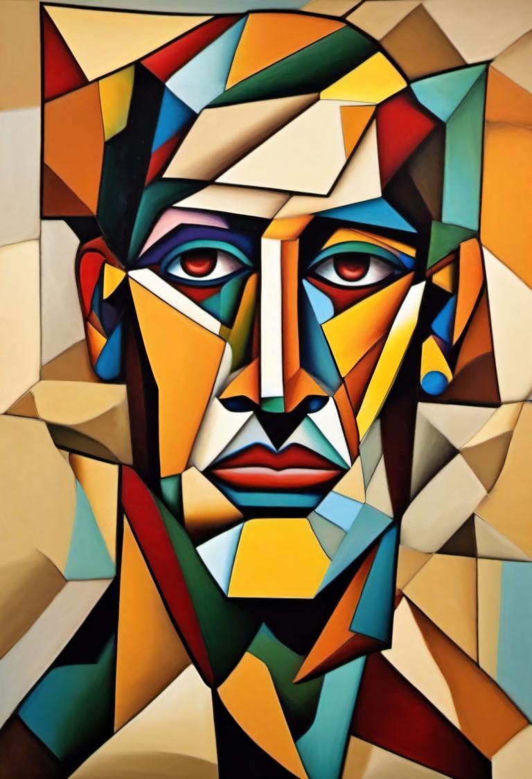 Cubism,Cubism, People, man, no humans, solo, red eyes, looking at viewer, makeup