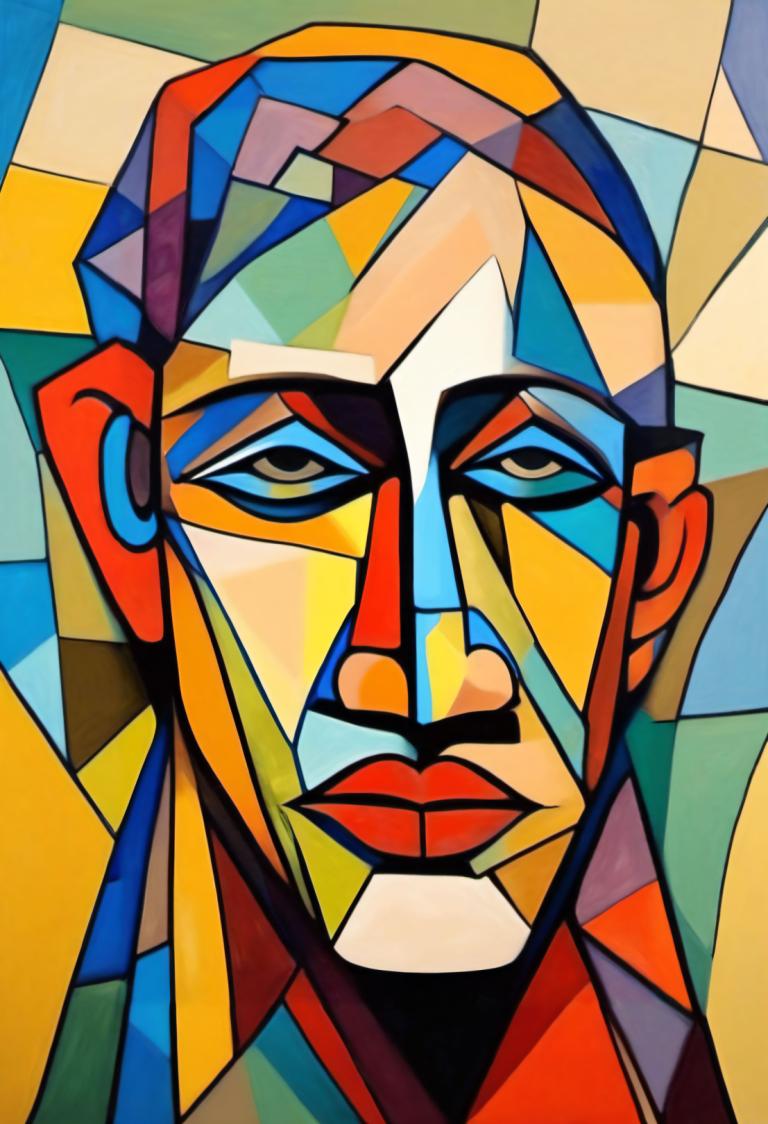 Cubism,Cubism, People, man, solo, clown, colorful, looking at viewer, portrait, male focus, 1boy, no humans