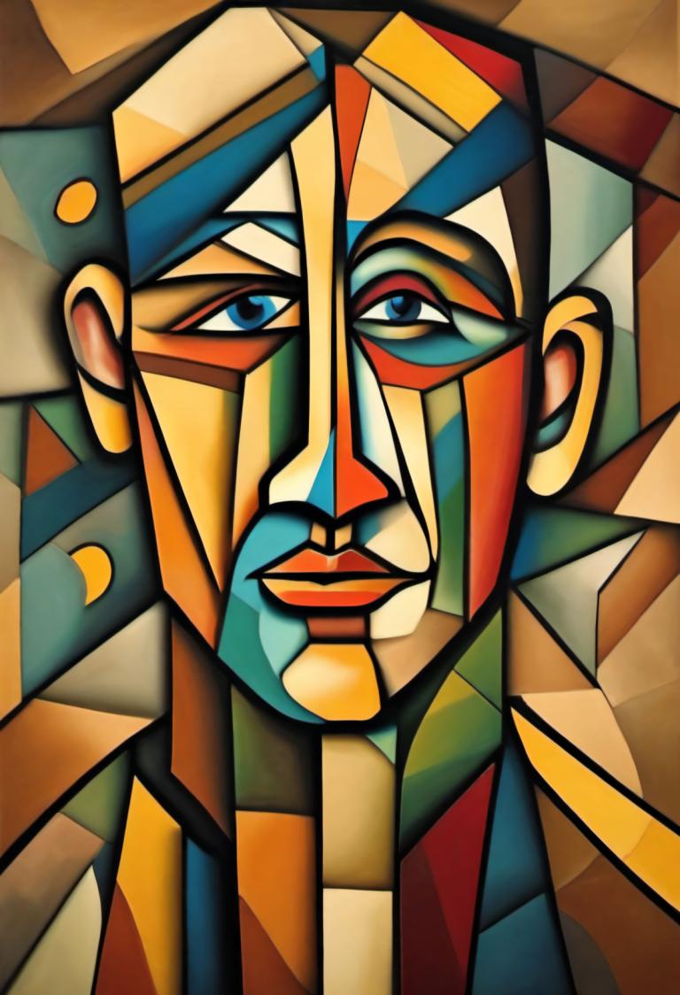 Cubism,Cubism, People, man, solo, 1boy, male focus, clown, blue eyes, looking at viewer, makeup, facepaint