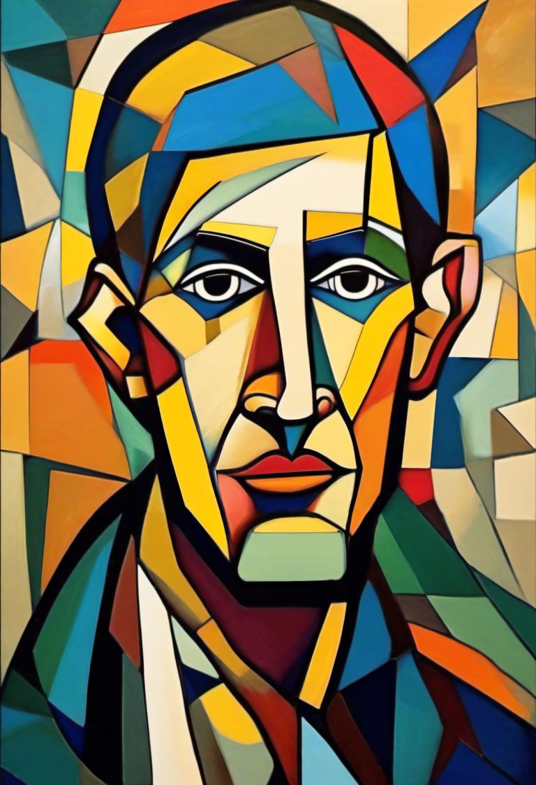 Cubism,Cubism, People, man, solo, 1boy, male focus, looking at viewer, parody, style parody, makeup