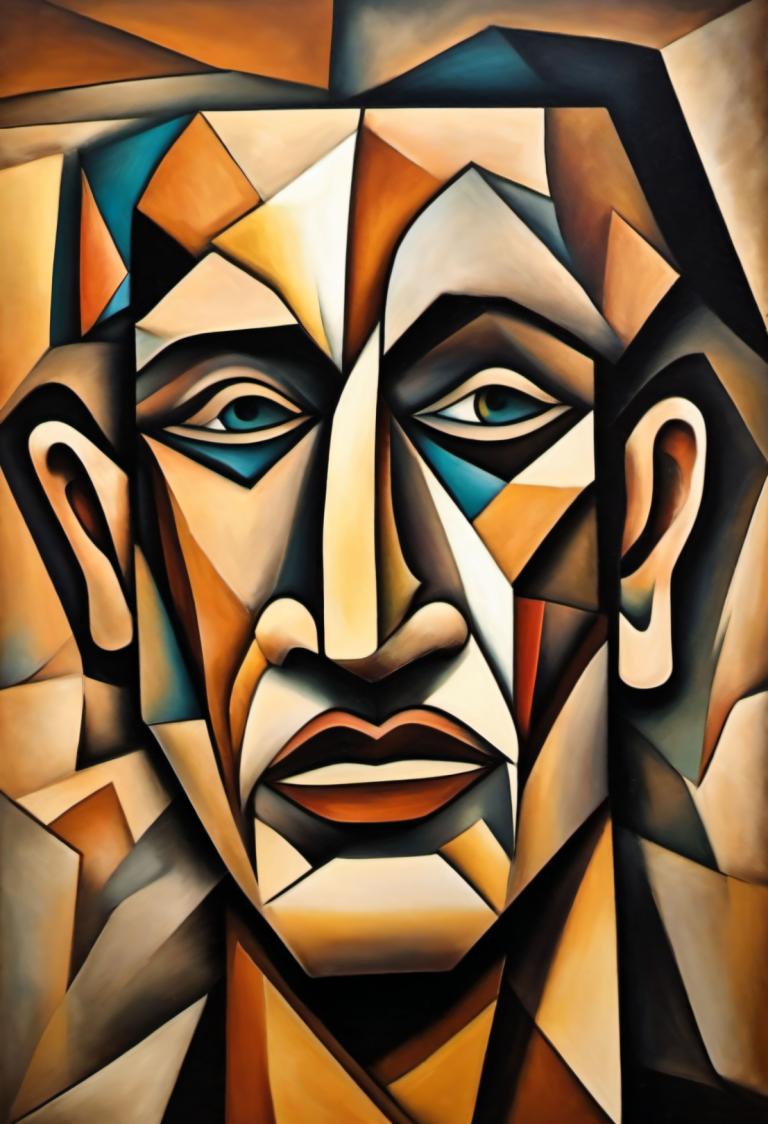 Cubism,Cubism, People, man, solo, 1boy, male focus, facial hair, looking at viewer, blue eyes, parody