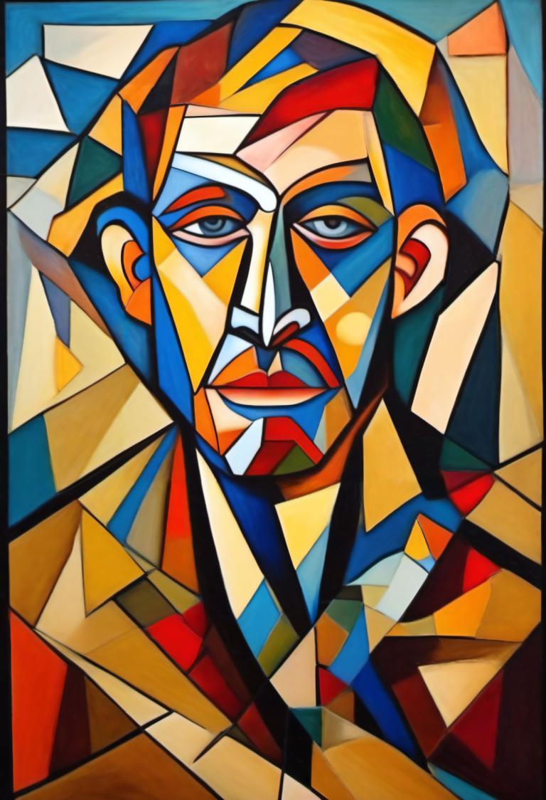 Cubism,Cubism, People, man, 1boy, solo, male focus, facial hair, clown, looking at viewer