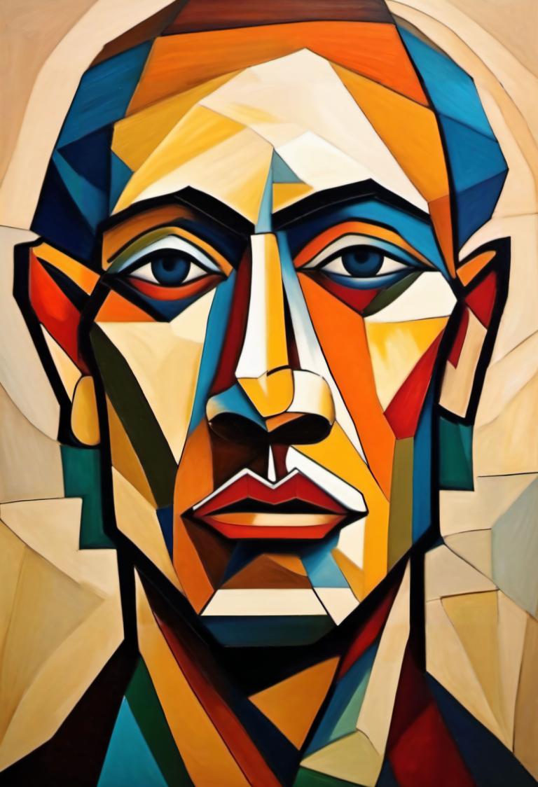 Cubism,Cubism, People, man, 1boy, solo, mecha, portrait, male focus, robot, looking at viewer, blue eyes