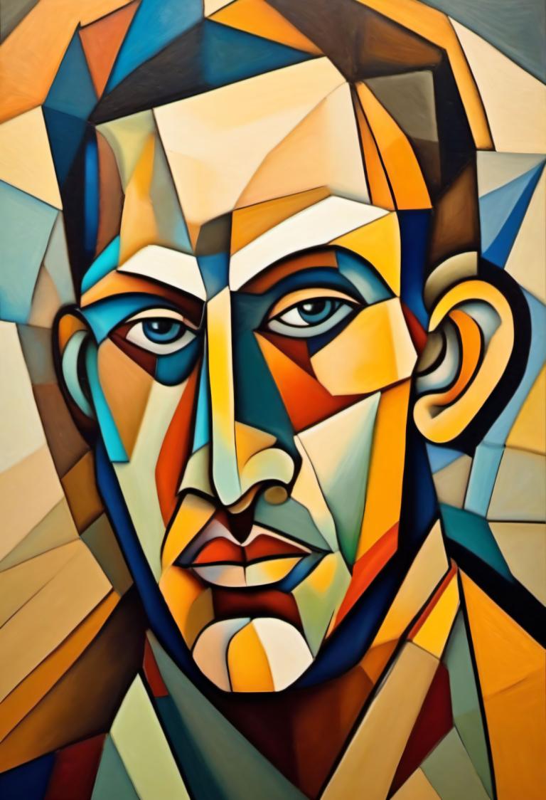 Cubism,Cubism, People, man, 1boy, male focus, solo, looking at viewer, facial hair, blue eyes, portrait, robot