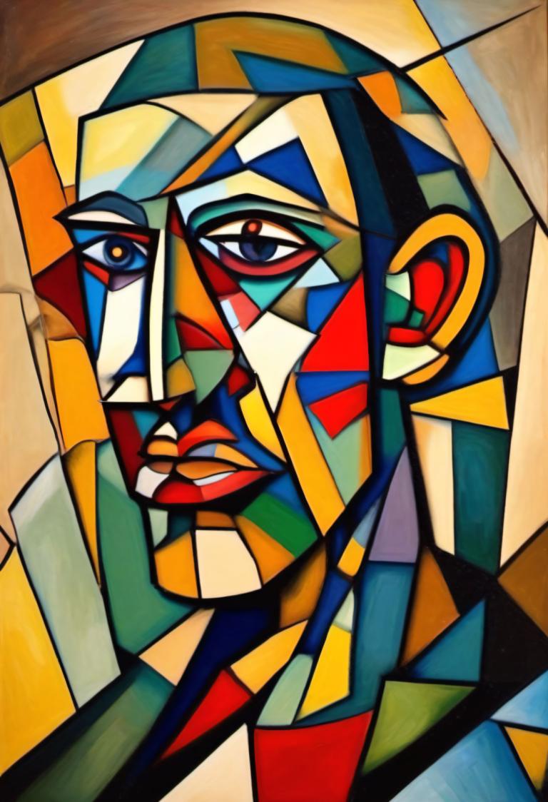 Cubism,Cubism, People, man, solo, traditional media, looking at viewer, no humans, makeup, male focus, clown