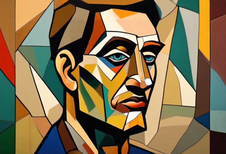 Cubism,Cubism, People, man, 1boy, solo, male focus, blue eyes, clown, looking at viewer, portrait, facepaint