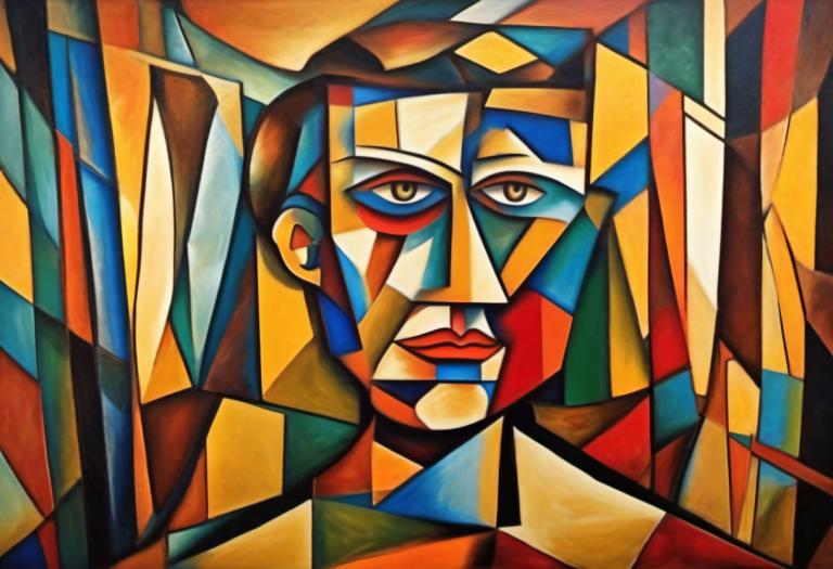 Cubism,Cubism, People, man, solo, 1boy, male focus, clown, traditional media, looking at viewer, brown eyes