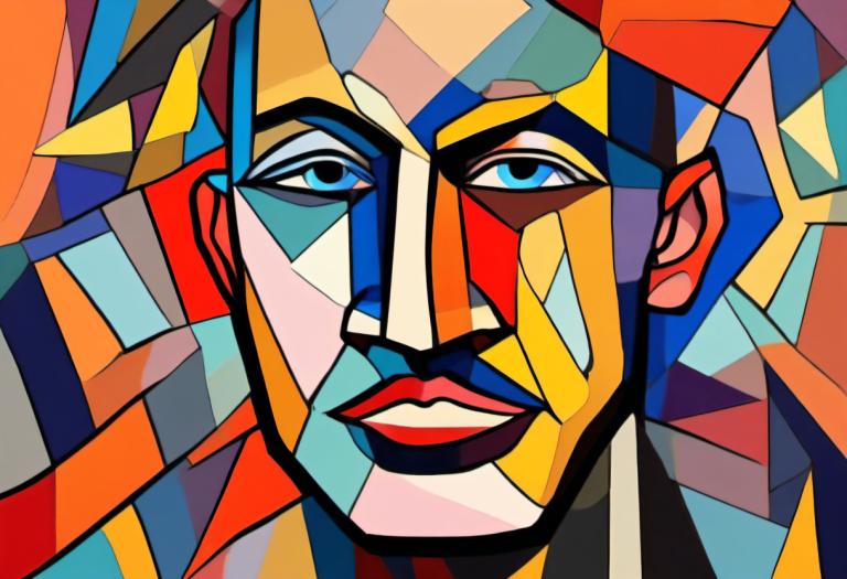 Cubism,Cubism, People, man, clown, solo, 1boy, blue eyes, male focus, makeup, looking at viewer, colorful