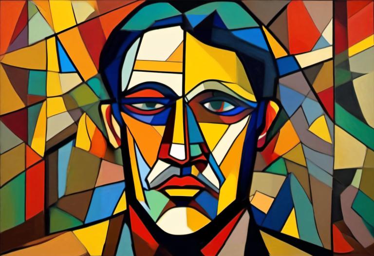 Cubism,Cubism, People, man, solo, no humans, looking at viewer, colorful, portrait, stained glass, 1boy, robot