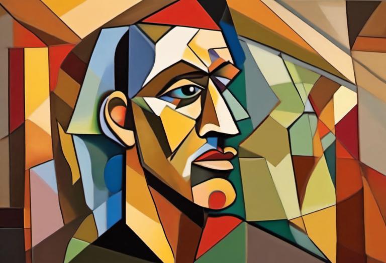 Cubism,Cubism, People, man, 1boy, solo, male focus, facial hair, official style, mustache, black eyes, beard