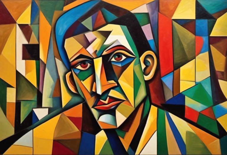 Cubism,Cubism, People, man, solo, male focus, 1boy, clown, colorful, looking at viewer, red eyes, makeup