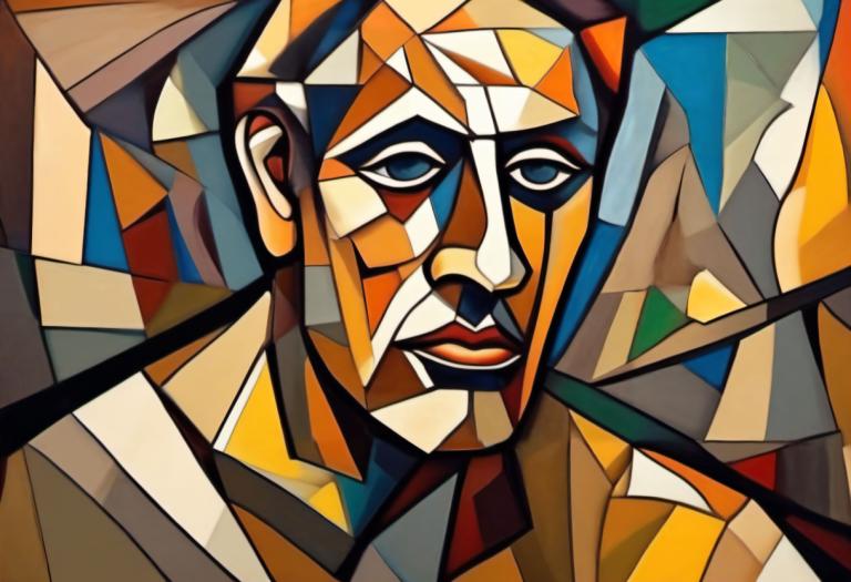 Cubism,Cubism, People, man, solo, mecha, no humans, robot, 1boy, open mouth, blue eyes, looking at viewer