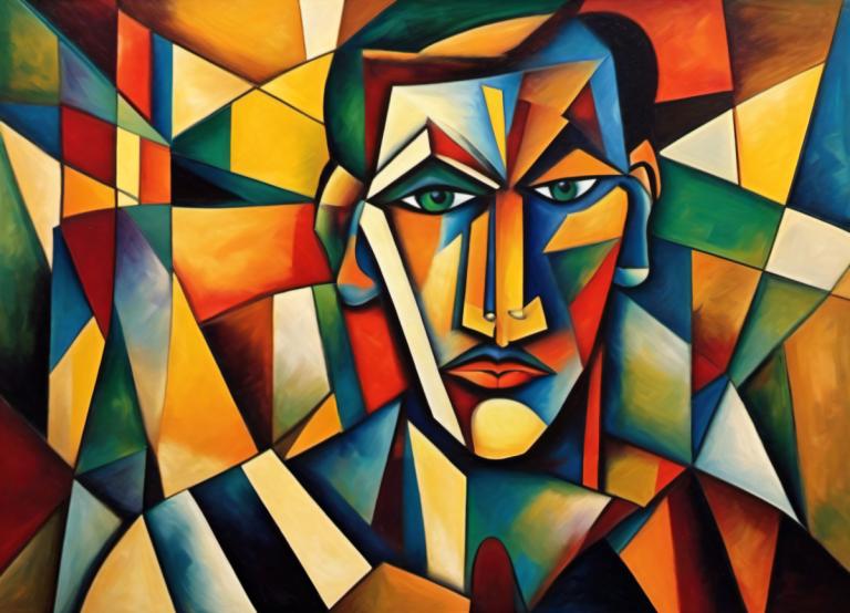 Cubism,Cubism, People, man, solo, green eyes, 1boy, male focus, looking at viewer, robot, mecha, no humans