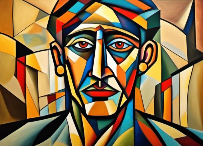 Cubism,Cubism, People, man, solo, 1boy, red eyes, male focus, looking at viewer, parody, style parody, clown