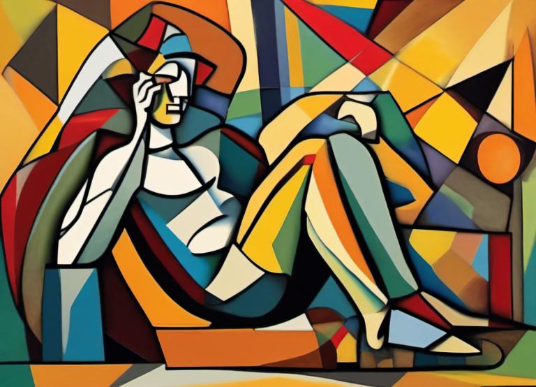 Cubism,Cubism, People, man, solo, robot, no humans, crossed legs, sitting, multicolored clothes, full body