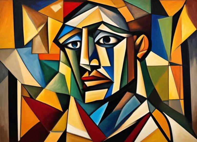 Cubism,Cubism, People, man, solo, male focus, 1boy, black eyes, looking at viewer, clown, parody