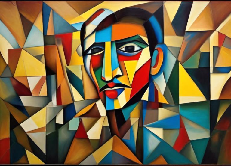 Cubism,Cubism, People, man, solo, 1boy, male focus, black eyes, looking at viewer, clown, traditional media