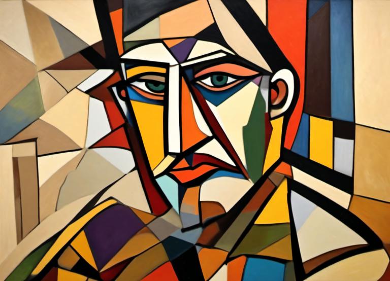 Cubism,Cubism, People, man, solo, mecha, no humans, robot, 1boy, looking at viewer, male focus, green eyes