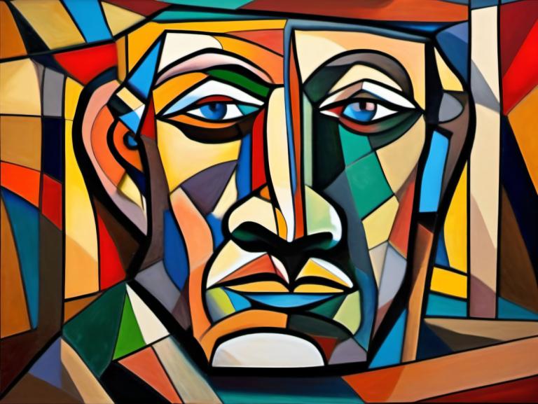 Cubism,Cubism, People, man, blue eyes, solo, looking at viewer, 1boy, male focus, style parody, no humans