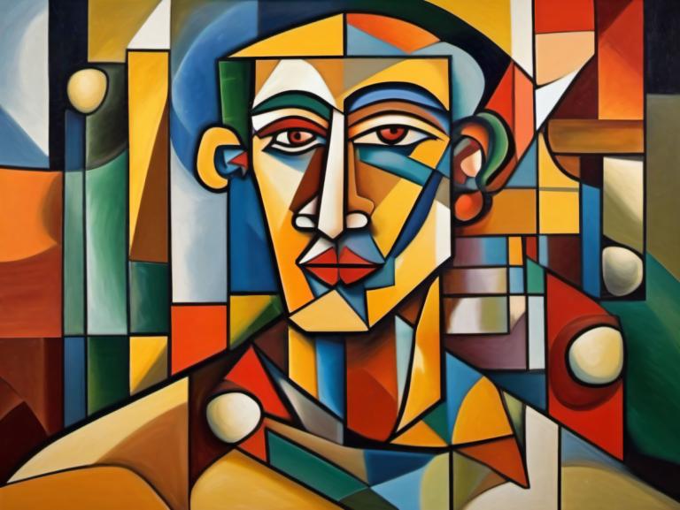 Cubism,Cubism, People, man, solo, 1boy, male focus, facial hair, looking at viewer, official style, red eyes