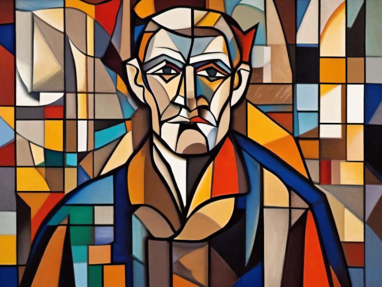 Cubism,Cubism, People, man, 1boy, male focus, facial hair, solo, mustache, looking at viewer, clown