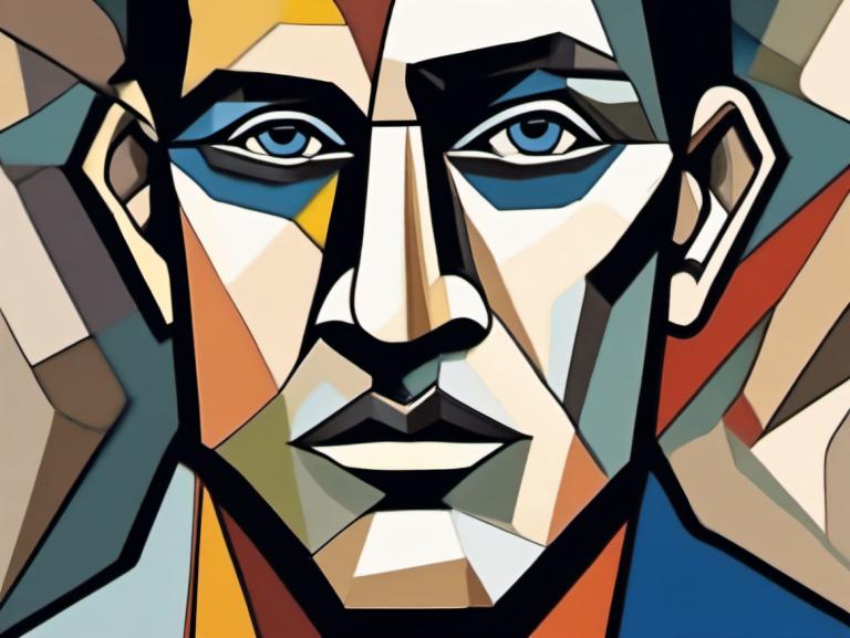 Cubism,Cubism, People, man, blue eyes, makeup, looking at viewer, male focus, parody, 1boy