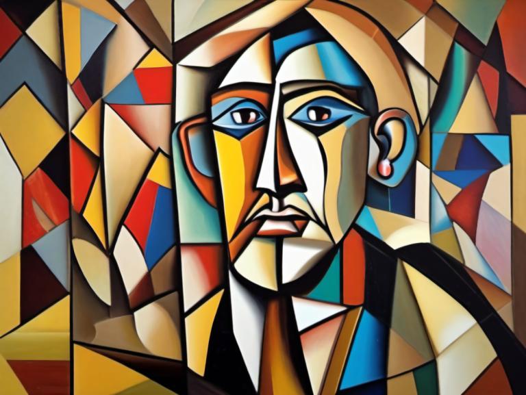 Cubism,Cubism, People, man, facial hair, solo, 1boy, looking at viewer, male focus, stained glass, mustache